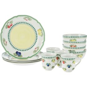 French Garden 12-Piece Dinnerware Set, Service for 4, Plates, Bowls & Mugs, Premium Porcelain, Made in Germany