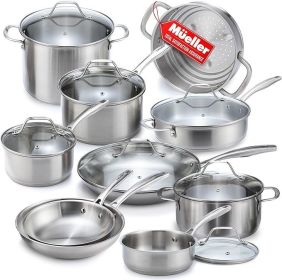Mueller Pots and Pans Set 17-Piece, Ultra-Clad Pro Stainless Steel Cookware Set, Ergonomic EverCool Handle, Includes Saucepans (Color: 17)
